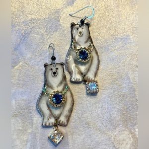 Handpainted polar bear earrings sterling wires rhinestone OOAK wild life jewelry